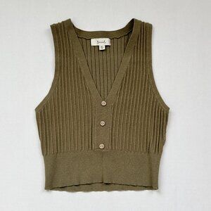 Olive Green Ribbed Knit Button-Up Crop Tank